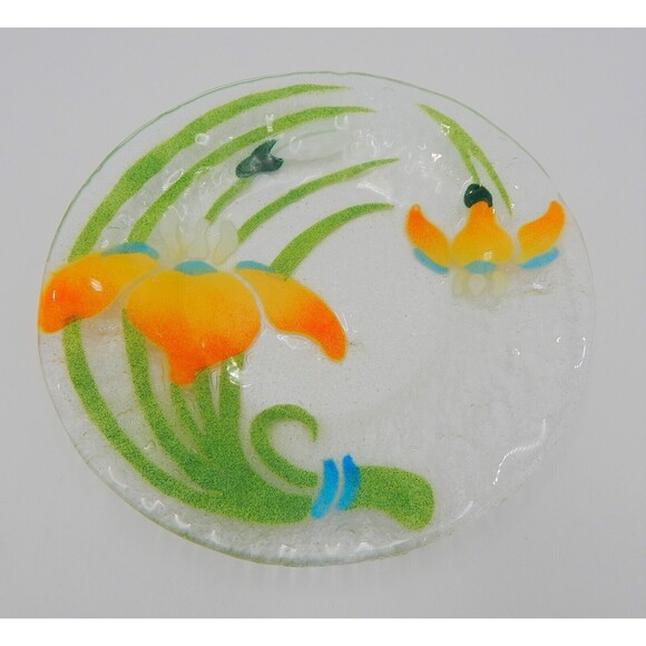 Sydenstricker Fused Art Glass Peach Iris 8-1/2 Inch Salad Plate Green Leaves - Picture 2 of 6